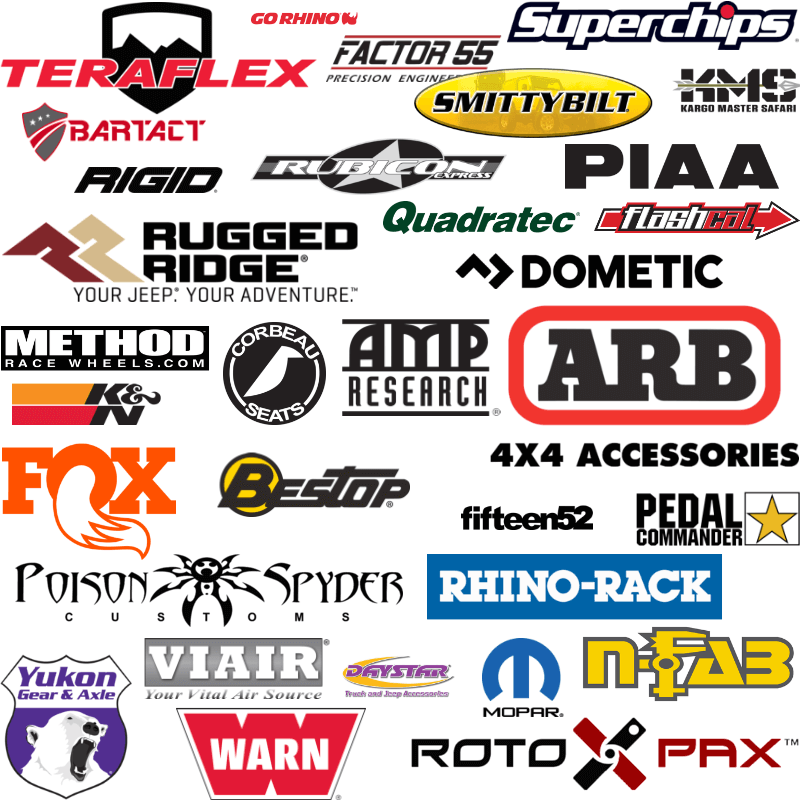 Amp Research, ARB 4x4, Bartact, Bestop, Corbeau, Daystar, Dometic, Factor 55, Fifteen52, Fox Racing, Go Rhino, K&N, Kargo Master Safari, Method Race Wheels,  Flashcal, Moopar, N-Fab, Pedal Commander, PIAA, Poison Spyder, Quadratec, Rhino-Rack, Rigid, RotopaX, Rubicon Express, Rugged Ridge, Smittybilt, Superchips, TeraFlex, Viair, Warn, Yukon Gear